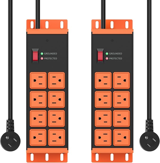 2 Pack Heavy Duty Power Strip 8 Outlets, Work Shop Outlet Strip Surge Protector 4800J, Industrial Metal 15Amp Power Strip, 6FT Extension Cord, ETL Listed
