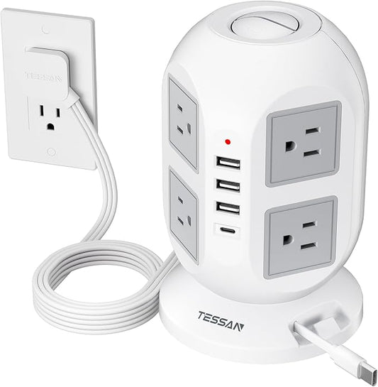 Tower Power Strip Surge Protector 10 Ft, TESSAN Flat Plug Extension Cord with Multiple Outlets, 8 AC Outlets, 4 USB Ports, 1 Built-in USB Cable, Desk Charging Station for Home Dorm Office