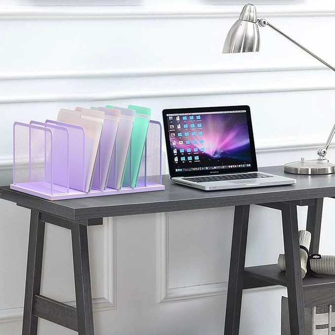Kuntine.B Desk File Organizer Upright Mesh Desktop Organizer File Sorter Office Organization File Holder for Home, Office & Classroom (Purple, 1 Pack 7-Section)