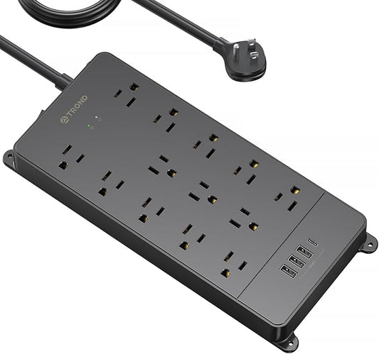 TROND Surge Protector Power Strip 15 ft Cord - Long Extension Cord, 13 Widely-Spaced Outlets Expansion with USB C Ports, 4000 Joules, Flat Plug, Wall Mount, ETL Listed, Office Desk Accessory, Black