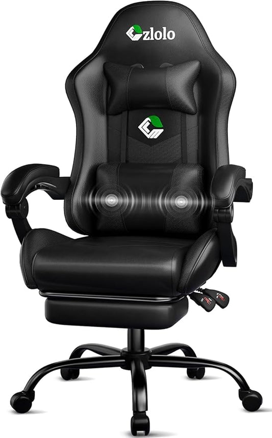 Gaming Chair, Ergonomic Office Computer Chair with Footrest and Lumbar Support Massager Racing Style High Back Video Gamer Chair, Wide＆Thick Cushion, 90°-135° Recline, Adjustable Height, Black
