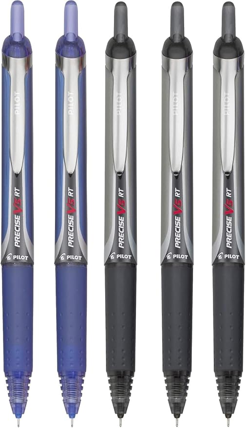 Precise V5 RT Retractable Rolling Ball Pens, Extra Fine Point (.5mm), Assorted Colors Black/Blue Ink, 5-pk; Premium Comfort Grip, Bundle with Plastic Reusable Pouch