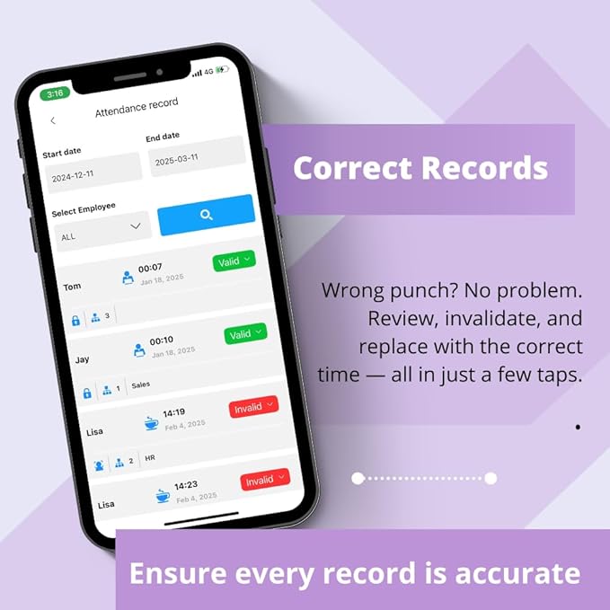 App-Based Time Clock for Small Business with 10 IC Cards – Clock in Machine for Employee Fingerprint Attendance, Time Card Machine No Monthly Fee, iOS/Android Compatible