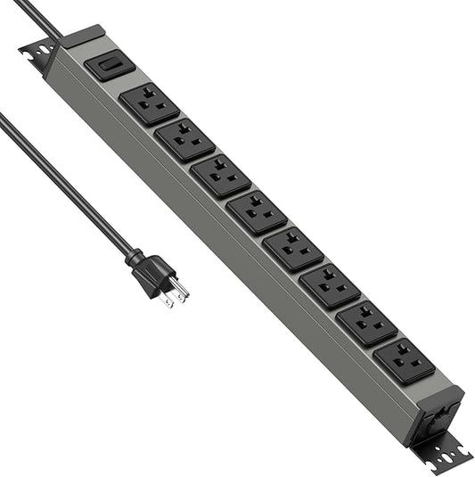 JUNNUJ Heavy Duty Power Strip Wall Mount, 20 Amp Surge Protector 1200J Metal 8 Outlet Under Desk Mounted 20A, Garage Power Bar Table Socket Industrial Outlets 6-20R T-Slot, 6FT 12AWG Extension Cord