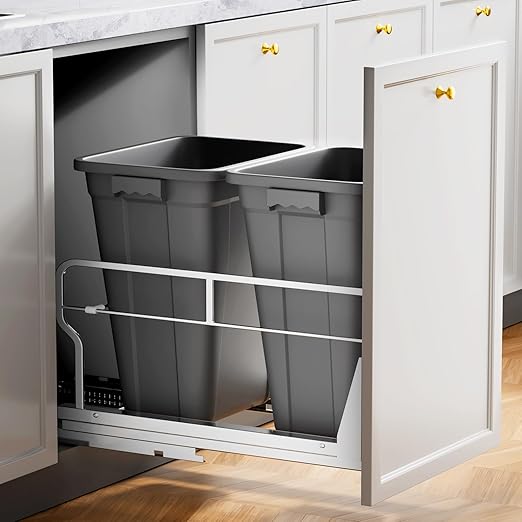 Insputer Double 40QT Pull Out Trash Can Under Cabinet, Heavy Duty Under Sink Garbage Bin Kit with Soft-Close Slides for Kitchen, Laundry, Requires Minimum Cabinets Opening 18" W X 24" D