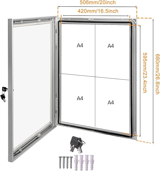 Locking Enclosed Bulletin Board Aluminum Memo Board Wall Mount Noticeboard with Rubber Seal Tamperproof Single Door Display Case for Indoor Or Outdoor Use, 26.8×20 in