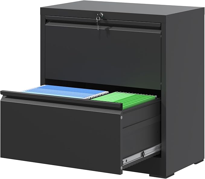 2 Drawer Locking Filing Cabinet Heavy Duty Large Metal Cabinets Black Home Office Lateral File Cabinets Wide Steel Cabinet for Legal/Letter Size File,Assembly Required