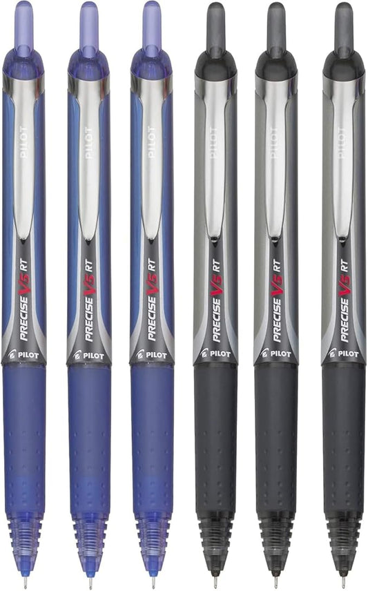 Precise V5 RT Retractable Rolling Ball Pens, Extra Fine Point (.5mm), Assorted Colors Black/Blue Ink, 6-pk; Premium Comfort Grip, Bundle with Plastic Reusable Pouch