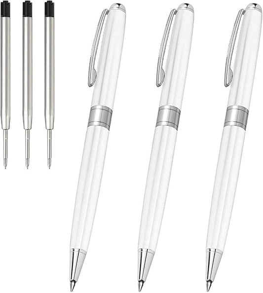 Cambond Ballpoint Pens White Pen - Fancy Pens Black Ink Pens for Journaling Men Gift Business Police Flight Attendant 1.0 mm Medium Point, 3 Pens with 3 Extra Refills (White)