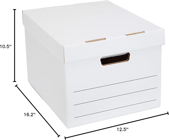 Amazon Basics Medium Duty Storage/Filing Boxes With Lid and Handles, Legal/Letter Size, 12-Pack, White, 16.2" L x 12.5" W x 10.5" H