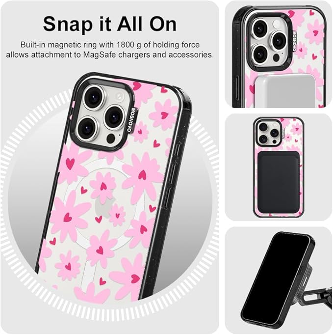 MOSNOVO Magnetic Case for iPhone 15 Pro Max, 10ft Military-Grade Protection, Compatible with Magsafe, Shockproof Phone Case for iPhone 15 Pro Max - Love in Bloom - Clear Black