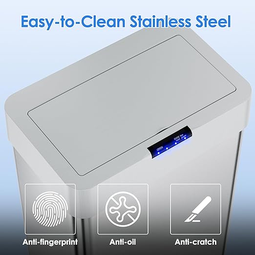 AthLike Sensor Trash Can, Touchless Motion Sensor Trash Bin, Smart Automatic Garbage Can with Soft-Close Lid, Bag Retainer Ring and Display Light,for Kitchen,Living Room Office (Silver, 18.5 Gal)