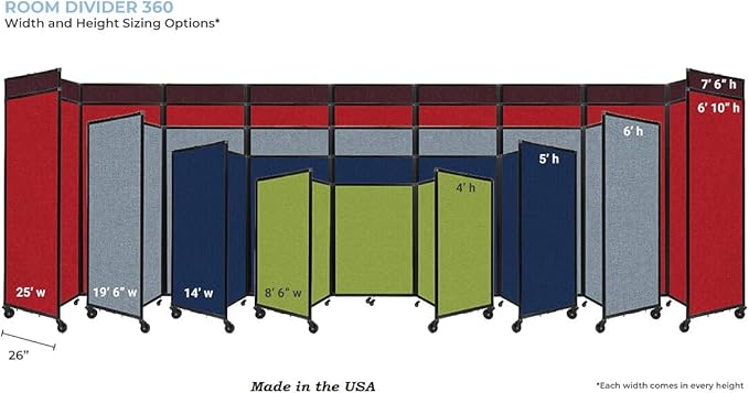 Versare Room Divider 360 Portable Wall Partition | Folding Panels | Large Freestanding Divider | Locking Wheels | Temporary Room Separator | 25' x 7'6'', Slate