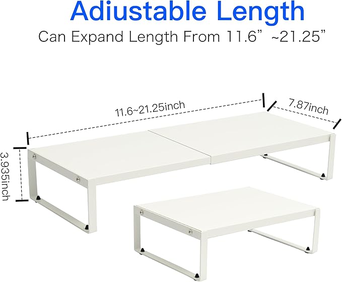 Adjustable Metal Monitor Stand - 11.6"-21.3" Ergonomic Desktop Riser for Computer/Laptop/TV, Heavy-Duty Office Shelf with Space-Saving Design (White)