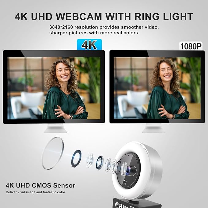 4K Webcam with Light, HD Webcam for PC with Remote Control, Built-in Privacy Cover, Adjustable Brightness, Noise Reduction Mics, for Zoom Skype Teams Laptop and Google Meet
