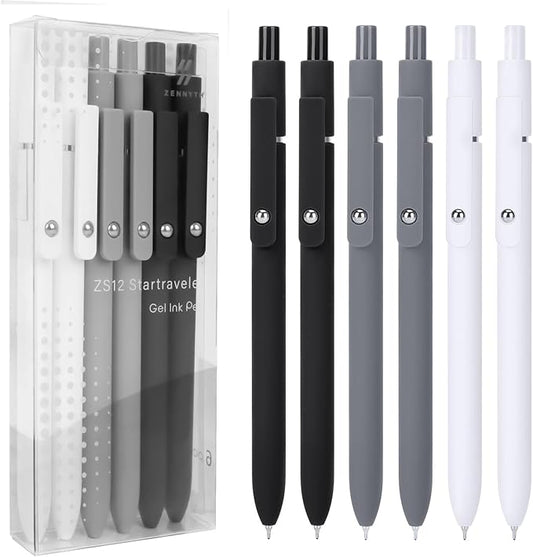 FIOVER Gel Pens, 6pcs 0.5mm Fine Point Black Ink, Smooth Writing Pens for Journaling, Nurse Aesthetic Cute Office School Supplies, Gifts for Women and Men(6Pcs Black White Grey-Black Ink)