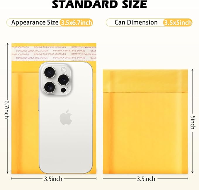 105Pack Yellow 3.5x5in Kraft Bubble Mailers Small Business Mailing Packages Self-Sealing Paper Envelopes, Mailer Shipping Padded Envelopes with Strong Adhesion for Jewelry Makeup Supplies