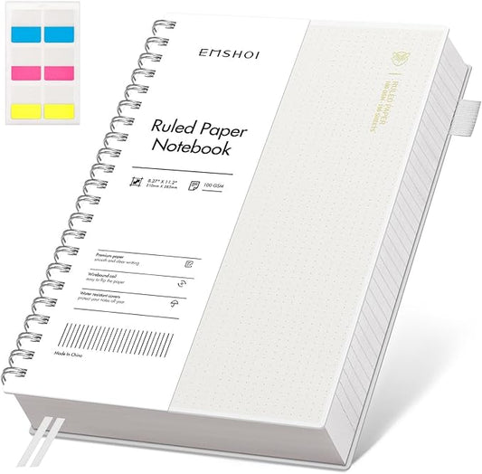 EMSHOI Lined Journal A4 Spiral Notebook, College Ruled Notebook, 300 Pages/150 Sheets, 100gsm Acid-Free Paper, Waterproof Softcover Notebook for School, Work, Writing, 8.27" × 11.2" - Transparent