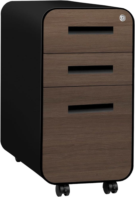 Laura Davidson Furniture Stockpile Slim 3-Drawer Mobile File Cabinet with Lock - Under Desk Metal Filing Cabinet, Legal/Letter File Folders, Wheels & Stationary Feet, Assembled, Black/Wood Faceplate