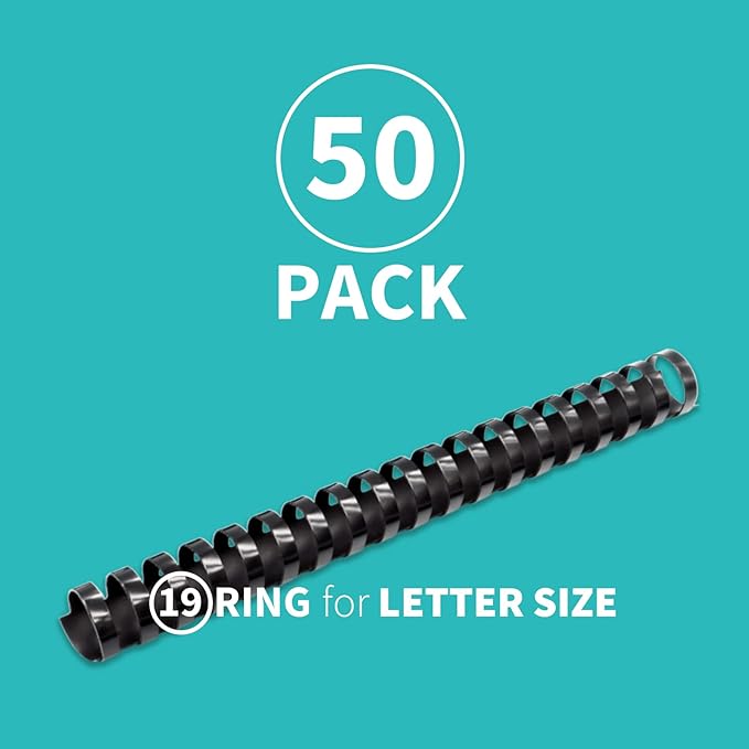 Binditek 50 Pack Plastic Binding Comb Spines, 1 Inch Diameter, 225 Sheet Capacity, 19 Ring, for Letter Size, Black, for Students and Coworkers
