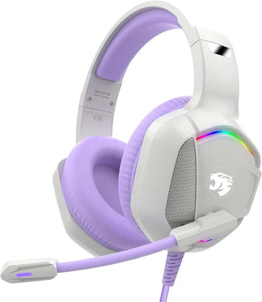 Gaming Headset with Microphone for Pc, Xbox One Series X/s, Ps4, Ps5, Switch, Stereo Wired Noise Cancelling Over-Ear Headphones with Mic, RGB, for Computer, Laptop, Mac, Nintendo (White Purple)