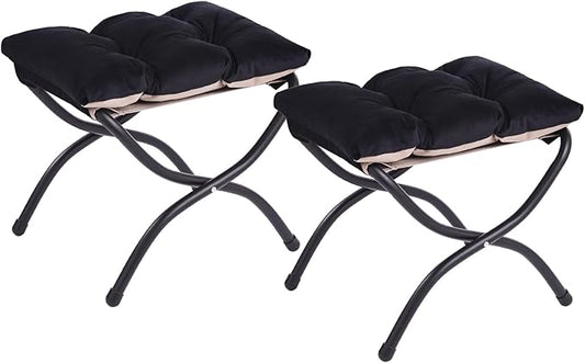 LITA 2 Pcs Folding Upholstered Footrest Stool, Modern Small Portable Accent Ottoman with Detachable Thick Cotton Cushion, Padded Sofa Stool with Metal Frame, Living Room & Bedroom,Velvet Black