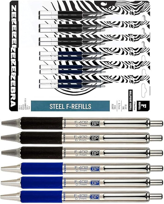Zebra F-402 Ballpoint Stainless Steel Retractable Pens With Refills, Fine Point, 0.7mm, Black/Blue Ink, 12-Count Bundle with Plastic Reusable Pouch