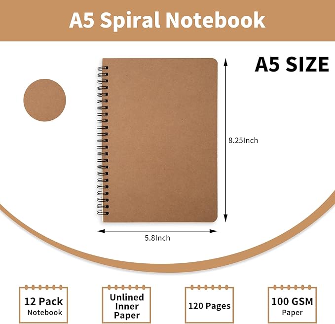 12 Pack Unlined Spiral Notebook- A5 Blank Journal, Unlined Notebook, Soft Cover Kraft Journal for Drawing, Writing, Office Supplies, School Supplies- 60 Sheets/120 Pages- 8.2 x 5.8
