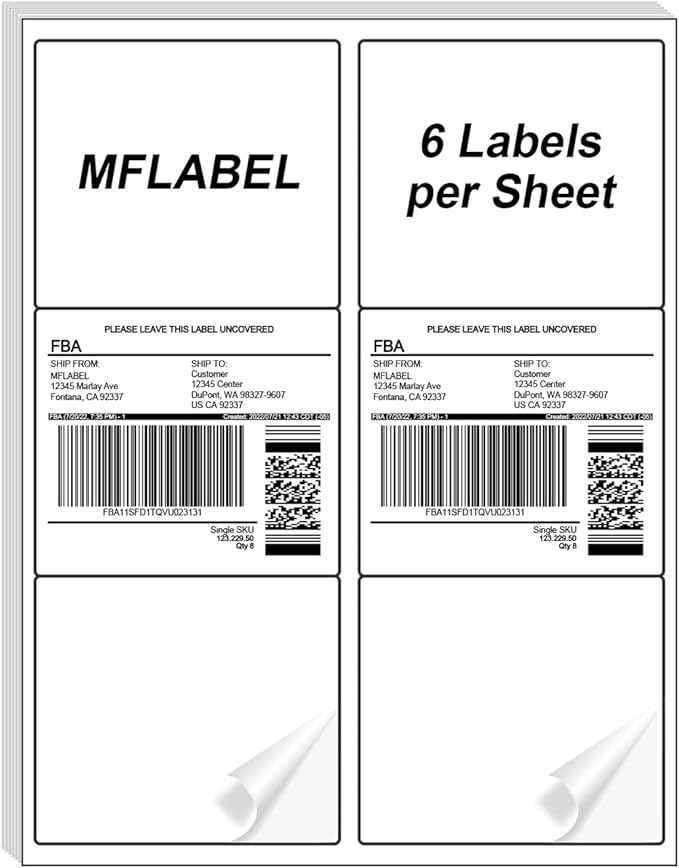 MFLABEL 3-1/3" x 4" Shipping Address Labels, FBA Labels, 6-UP Sticker Labels, White Shipping Labels, Easy to Peel, Address Labels for Laser/Ink Jet Printer, 6 Per Page (300 Labels, 50 Sheets)