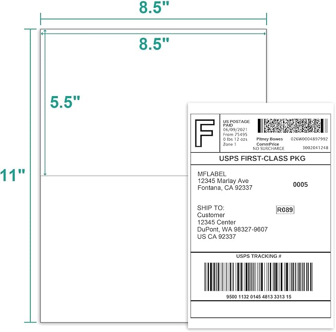 MFLABEL Half Sheet Label Laser/Ink Jet Shipping Label 8.5 x 11 Inches Packaging Labels, Address Labels for Laser & Inkjet Printers, 1200 Count(600 Sheets)