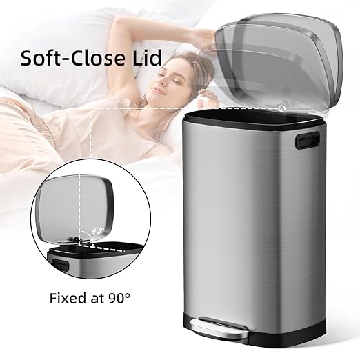 KUK 13 Gallon/50L Stainless Steel Kitchen Trash Can with Lid and Step Pedal-Large Capacity Garbage Bin with Odor Seal, Silent Close Lid, Removable Inner Bucket, Titanium Silver