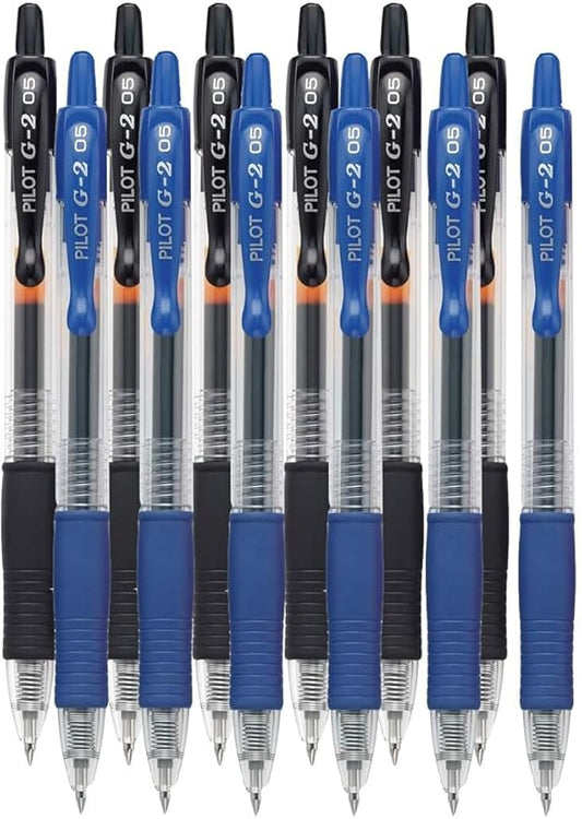G2 Retractable Premium Gel Ink Roller Ball Pens Extra Fine Point (.5mm) Black/Blue Ink 12 pack; Refillable & Premium Comfort Grip Bundle with Plastic Reusable Pouch