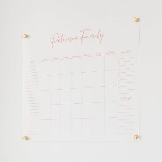 Personalized Clear Acrylic Calendar for Wall, Calendar Whiteboard for Wall, Dry Erase Wall Calendar, Wall Calendar Organizer System for Home (Cursive, Blush, 31"W x 23"H)