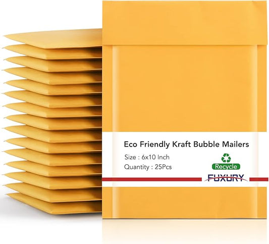 Fuxury Kraft Bubble Mailer 6x10 Inch 25 Pack,Strong Adhesion Padded Envelopes,Self Seal Bubble Envelopes, Waterproof Cushioned Padded Mailers Packaging for Small Business,Bulk #0 Mailers Yellow