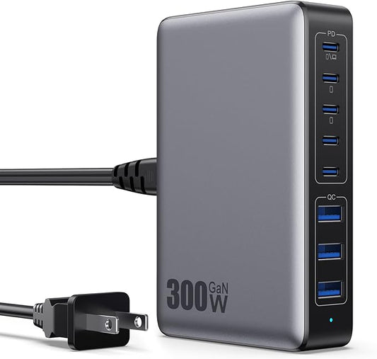 USB C Charger 300W USB C Charger Block 8-Ports GaN IV Fast Charging Station,PD 100W Laptop Hub Wall Charging Adapter Compatible with MacBook/Air,DELL,Steam Desk,iPhone 16/15/14,Samsung Galaxy S24 etc
