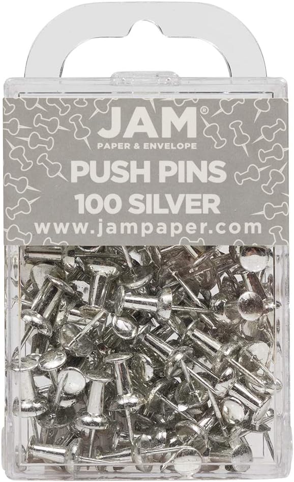 JAM PAPER Colorful Push Pins - Silver Pushpins - 100/Pack