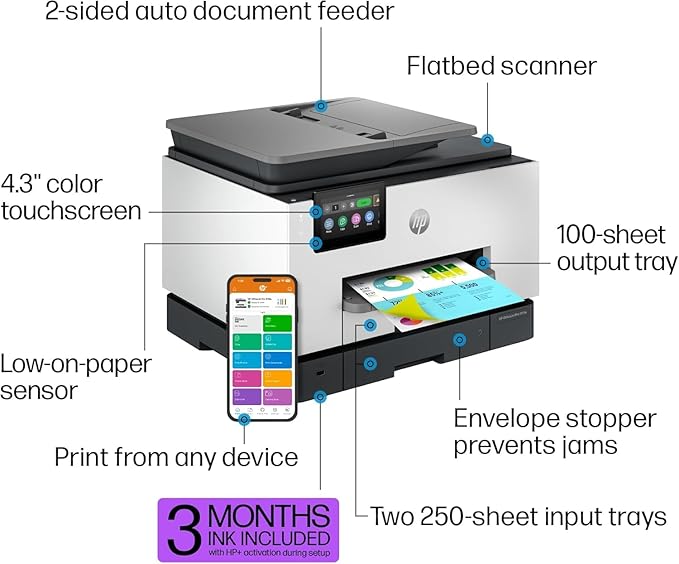 HP OfficeJet Pro 9135e All-in-One Printer, Color, Printer-for-Small Medium Business, Print, Copy, scan, fax, Wireless, 3 Months of Instant Ink Included; Two-Sided Printing; Two-Side (Renewed Premium)
