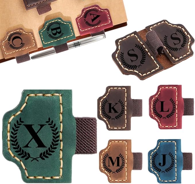 Custom Bookmark with Pen Holder with 26 Letters Personalized Magnetic Leather Book Mark, Customized Name Book Marker Clip with Initial for Men Women, Gifts for Book Lovers, Readers, (Green, X)