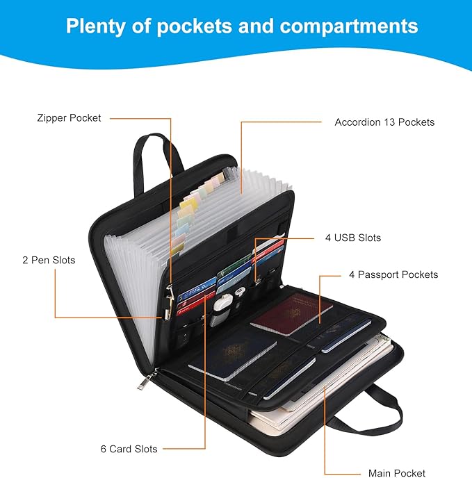 Accordion File Organizer with Lock, Fireproof, Letter/A4-Size Expanding File Folder with Tabs, 13 Pockets Important Document Organizer with Handle, Portable Paperwork Business Organizer, Silver