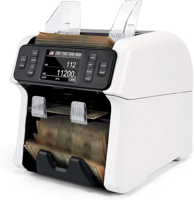 NUCOUN Mixed Denomination Money Counter Machine,Mixed Value Bill Counter and Sorter,with Reject Pocket,Multi Currency Note Counter,Counterfeit Detection 2 CIS/UV/MG/IR,4 inch Touch Screen,SN Record