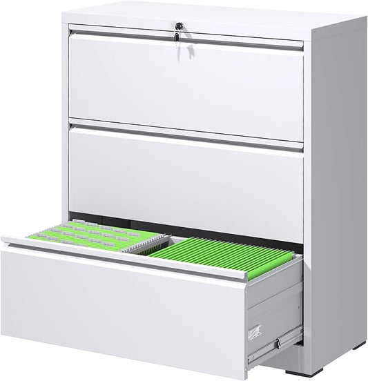 File Cabinets 3 Drawer,Metal Office Storage Filing Cabinet with Lock,White Lateral Filing Cabinet for Home Office,Horizontal Locking File Cabinets for Legal/Letter/A4,Assembly Require,White