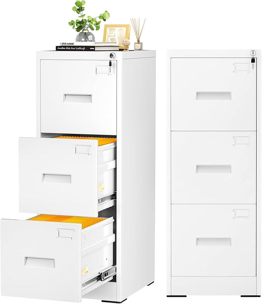 Crownland Lateral File Cabinet with 3 Drawers, 15" W Metal Lockable Office File Cabinets for Home Office- Stores Letter/Legal/A4/F4 Files(White)