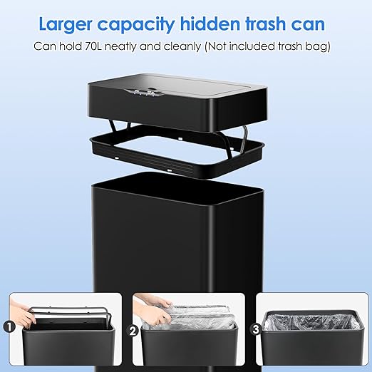 AthLike Sensor Trash Can, Touchless Motion Sensor Trash Bin, Smart Automatic Garbage Can with Soft-Close Lid, Bag Retainer Ring and Display Light,for Kitchen,Living Room Office (Black, 18.5 Gal)
