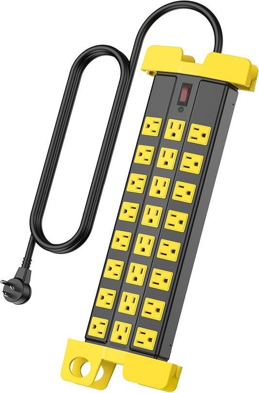HHSOET Heavy Duty Power Strip with Surge Protection, Industrial Commercial Metal 24 Outlets Wall Mount for Garage Shop, 15 Amp, Switch, 6FT Extension Cord, Black.