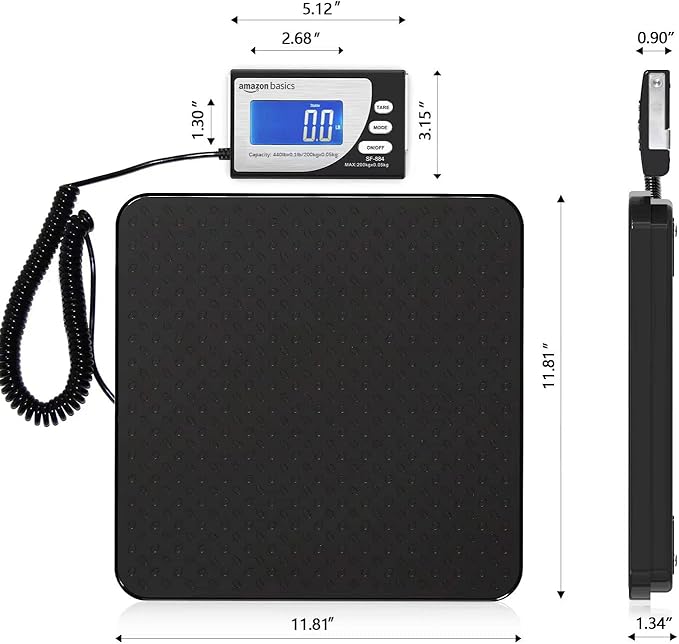 Amazon Basics Digital Postal Scale, Heavy Duty, Aluminium Platform, 440 lb Capacity, 1 Ounce Readability, Black