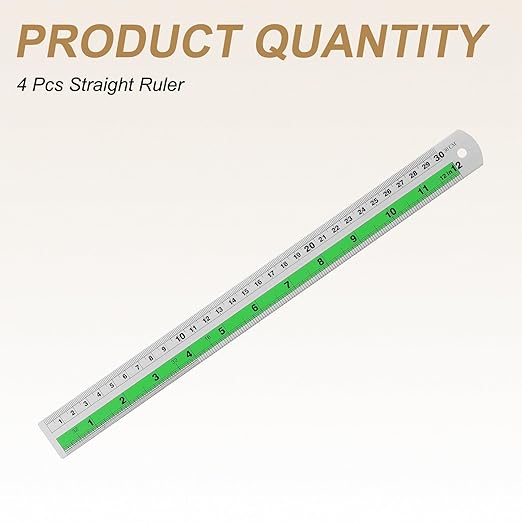 HARFINGTON 4pcs Metal Straight Ruler 30cm Metric SAE Aluminum Alloy Measuring Rulers Scale Tool with Hole for Measure Study Reading Classroom Office, Green