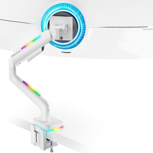 Ultrawide Monitor arm for 17-49'' Heavy Duty Screen up to 44lbs, Gas Spring Single Monitor Arm with RGB Light, Adjustable Gaming Computer Monitor Arm for Desk, White