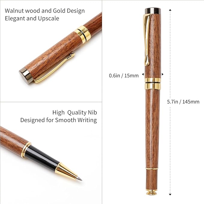 Ayiaren Luxury Walnut Wood Ballpoint Pen Writing Set with 2 Black Ink Refills Fancy Business Office Pens Gift Cool Nice Wooden Gel Pen for Men Women Journaling Executive Calligraphy Rollerball Pen
