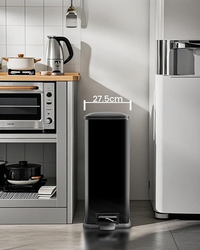 Kitchen Rubbish Bin, 45 Litre Waste Bin, Large Pedal Bin, Kitchen Rubbish Bin with Softclose Lid and Inner Bin, Slim Pedal Bin for Kitchen, Bathroom and Office, Black