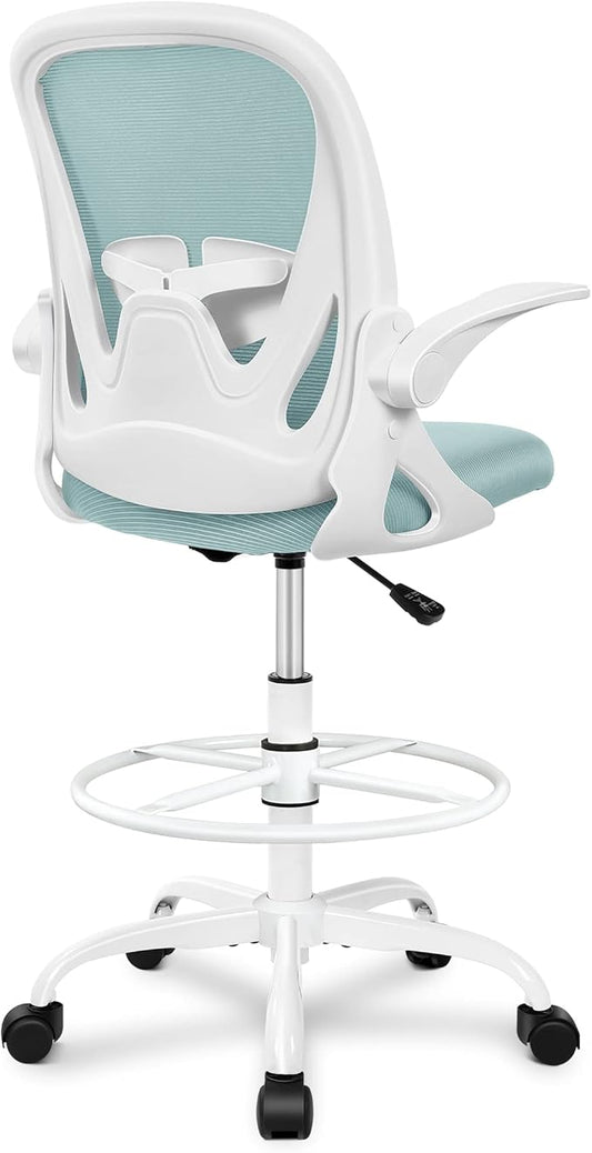 Primy Drafting Chair Tall Office Chair with Flip-up Armrests Executive Ergonomic Computer Standing Desk Chair with Lumbar Support and Adjustable Footrest Ring（Light Blue）